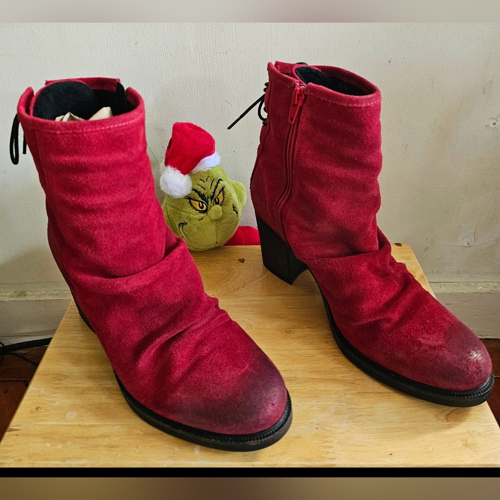 BOS & CO BARLOW WOMENS EU 38 US 7-7.5 RED SUEDE 3" HEEL TIE BACK SEXY ANKLE BOOT
